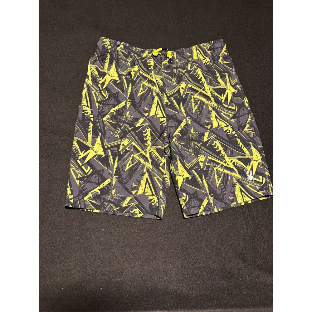 Spyder Boys Board Shorts L 14/16 Gray Lime Green Geometric Swim Trunks 1664094